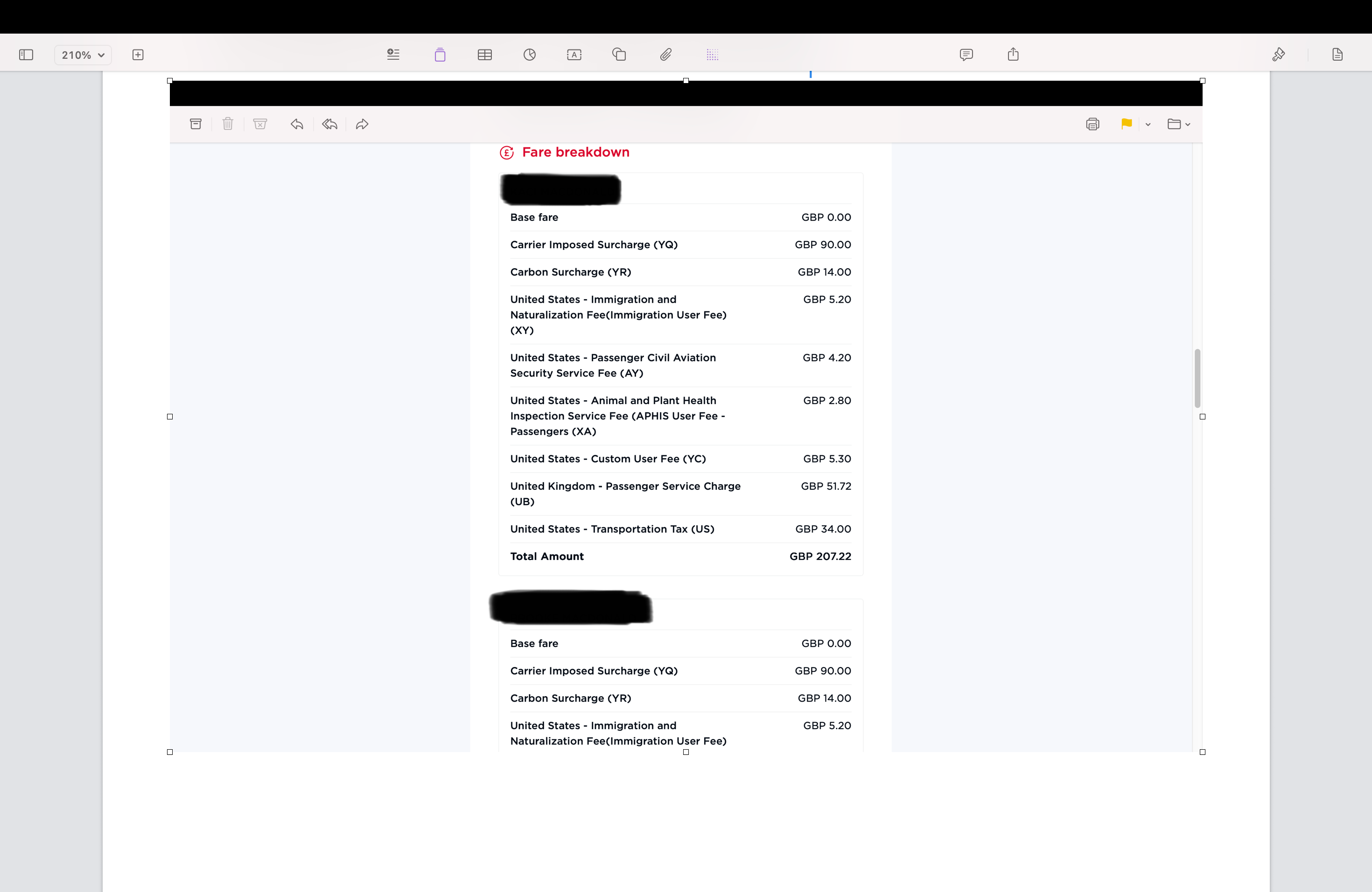 Virgin Atlantic fare breakdown — adult passenger taxes and charges