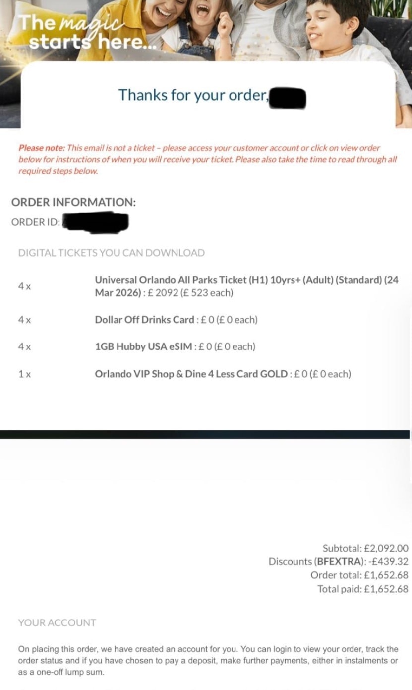 Attraction Tickets order confirmation showing BFEXTRA discount code reducing price from £2,092 to £1,652.68